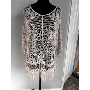 Crochet Cover Up Tunic Top Fringe Boho Beach Summer Festival‎ Neutral Size small